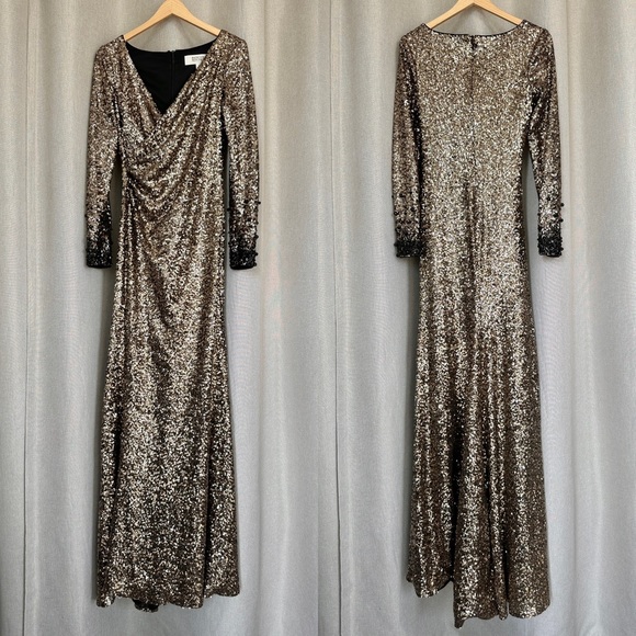 Badgley Mischka Gold Sequin V-neck Longsleeve Drape Waist Maxi Gown Dress 2 - Picture 2 of 12